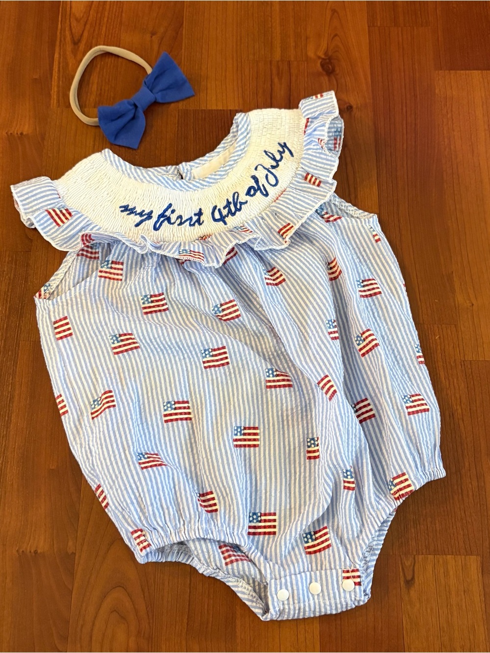 Blue Striped 'My First 4th of July' Baby Romper with Bow